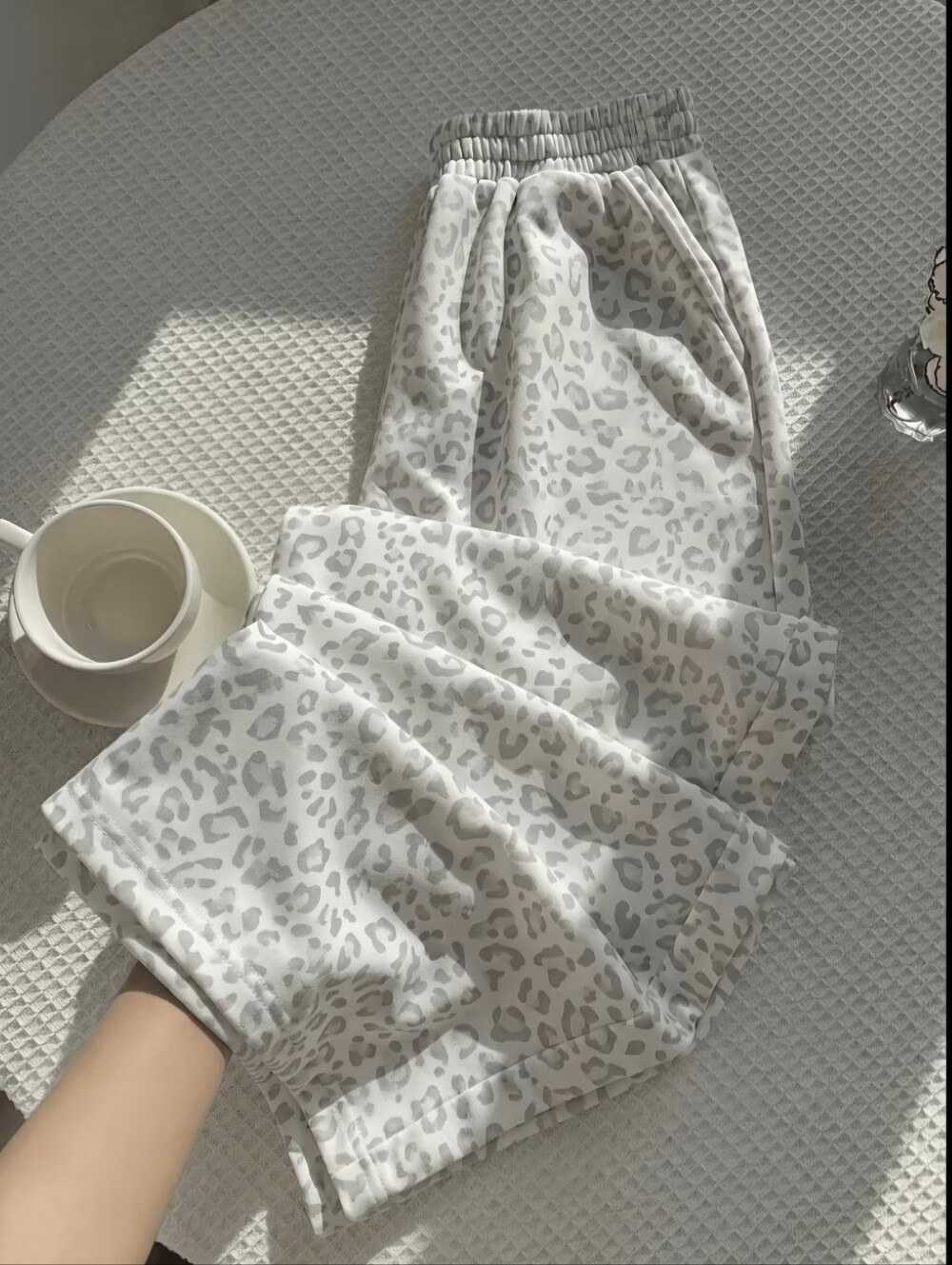 Creamy White Base with Soft Gray Leopard Print Smudge Effect, Straight-Leg Pants